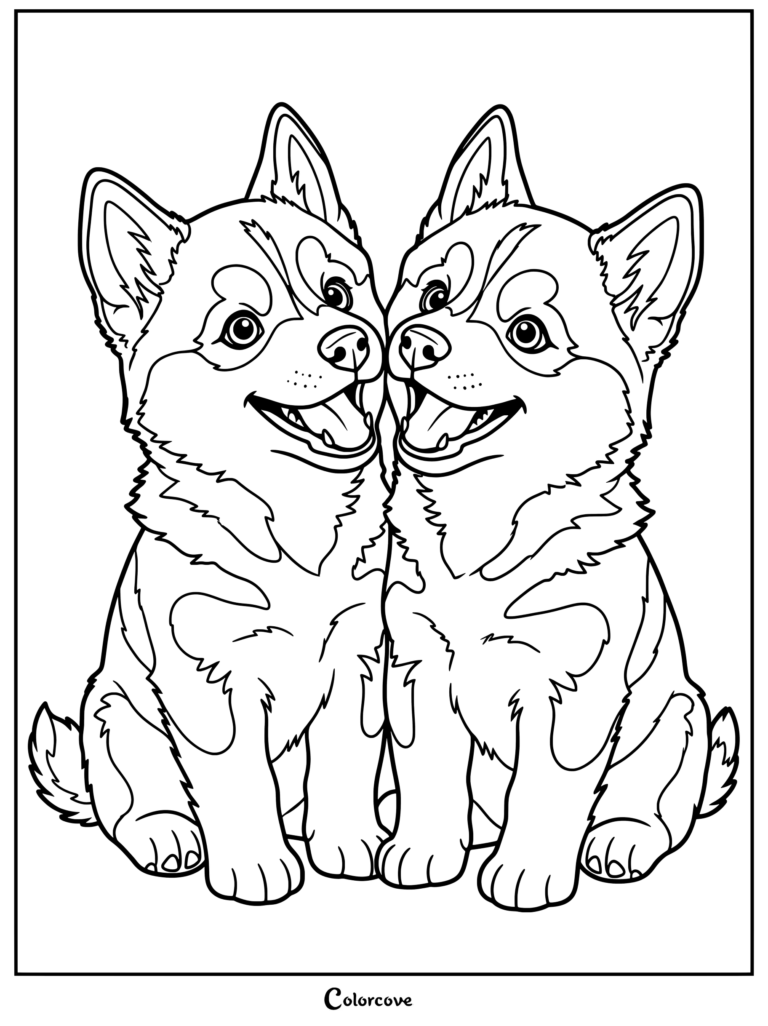 Two happy husky puppies sitting close together for a coloring page