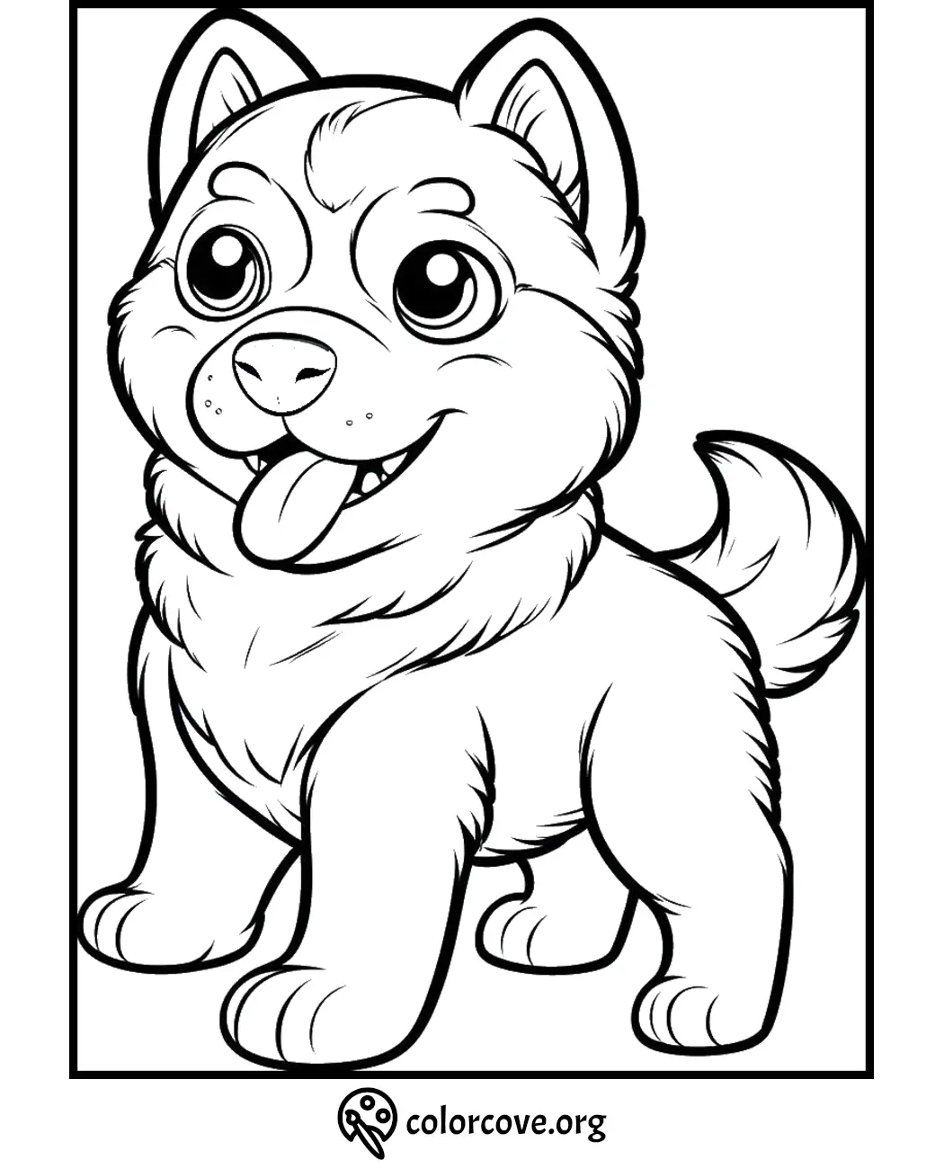 Cute puppy coloring page for kids, featuring a happy cartoon dog with big eyes and wagging tail. Printable fun activity!