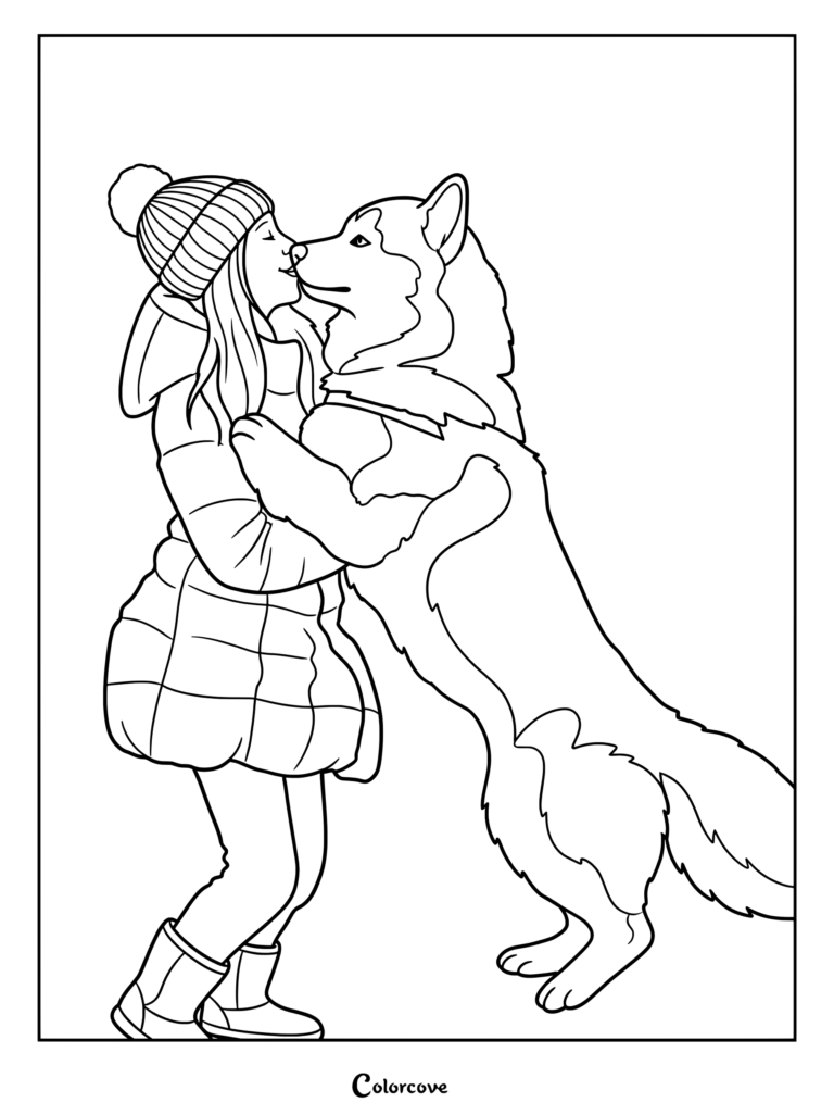 A young girl in a winter coat and beanie hugging a friendly husky coloring page