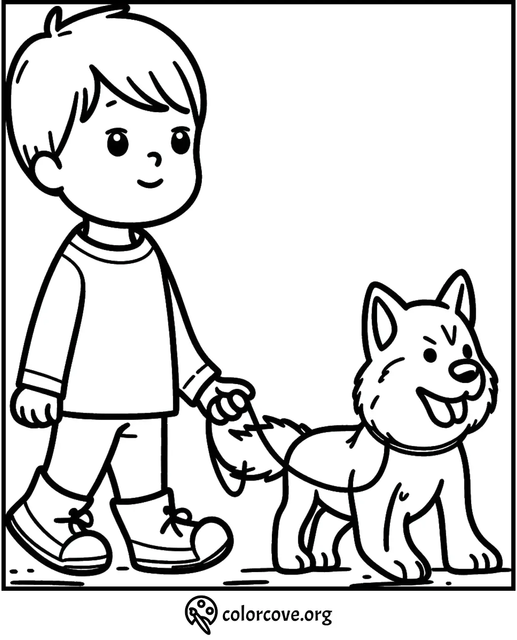 Child with a dog coloring page. Boy walking a smiling puppy on leash. Fun kids' activity sheet.