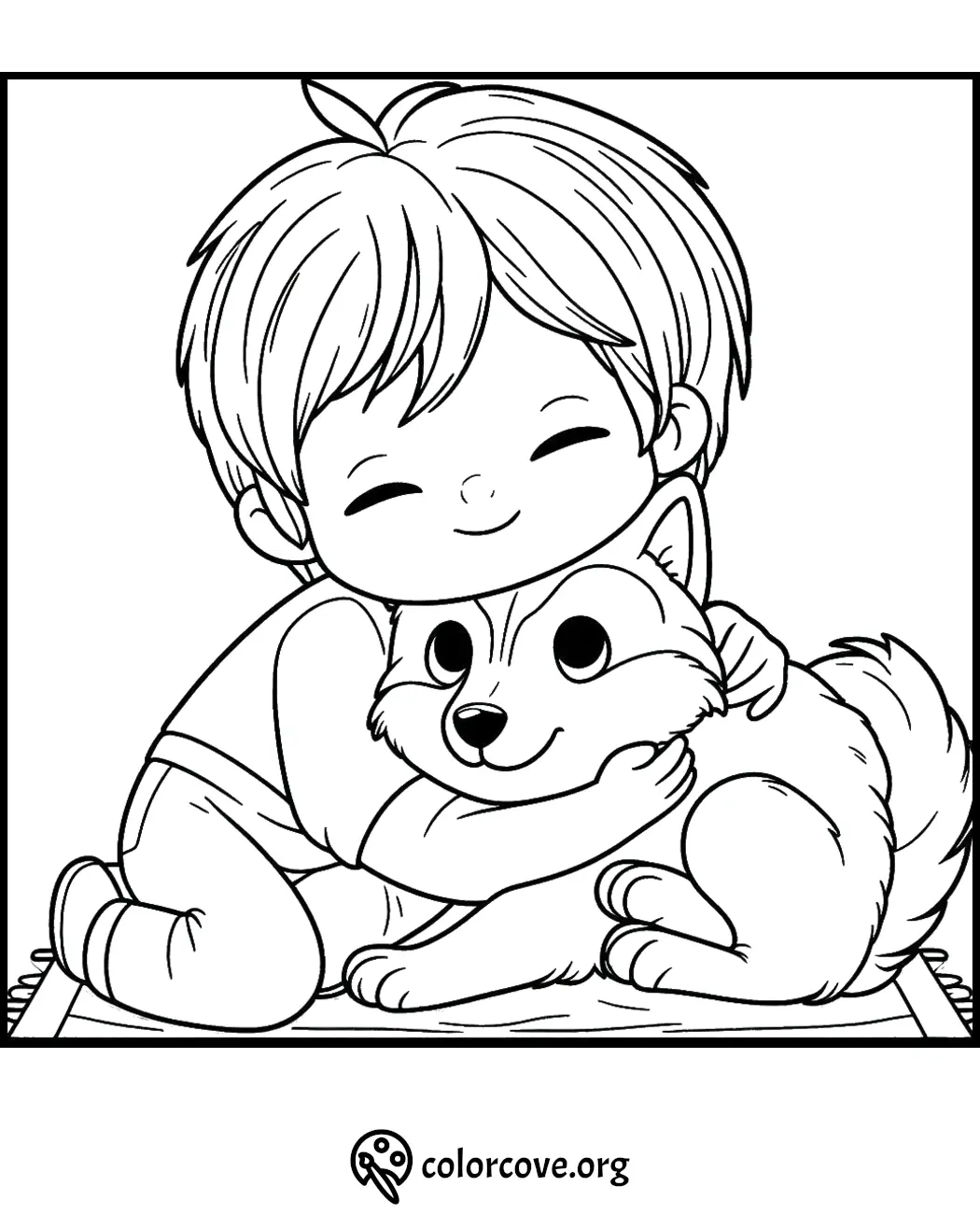 Child hugging a cute puppy coloring page - perfect for kids to color and enjoy creative fun.