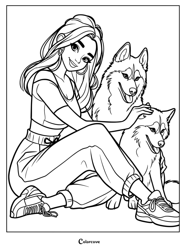 Girl sitting and petting two happy huskies in a line art coloring page
