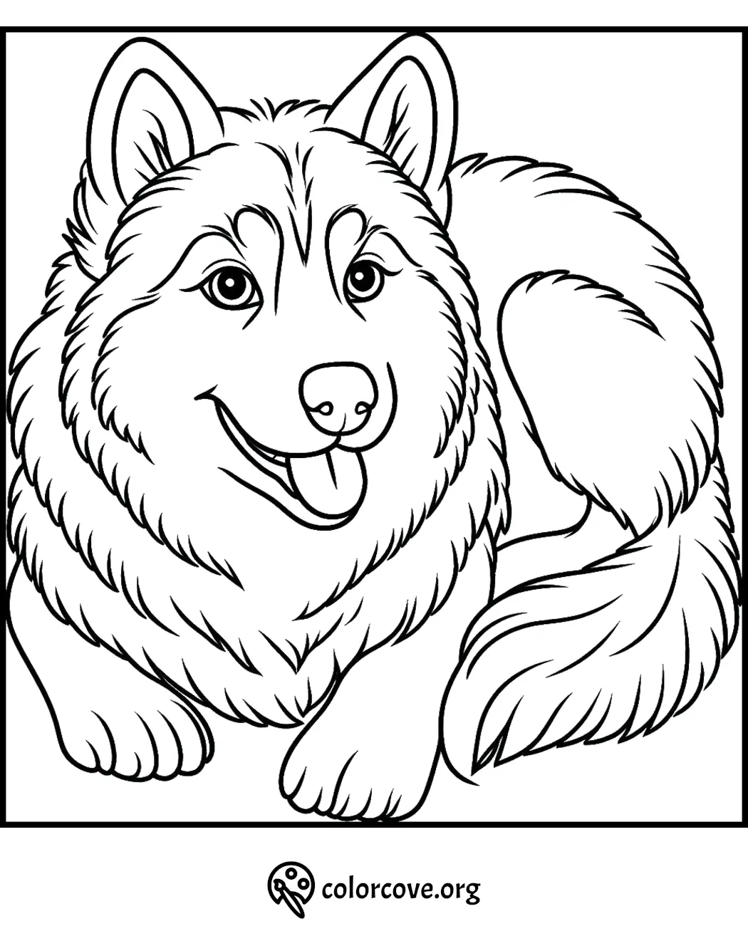 Cute fluffy dog coloring page, perfect for kids and animal lovers. Download and print for fun coloring activities.