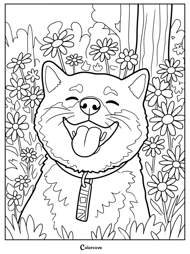 A joyful Husky with a wide open mouth and tongue out surrounded by daisies, ideal for a coloring page.