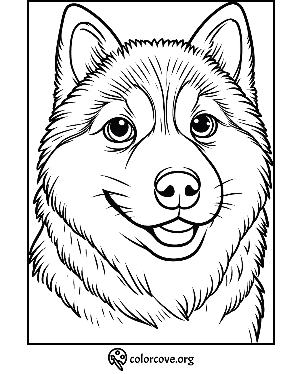 Cute dog coloring page for kids featuring a happy, fluffy canine. Fun printable activity from ColorCove.org.