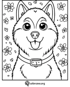Cute dog coloring page with flowers and hearts, perfect for kids' creative fun. Print and color this adorable design!