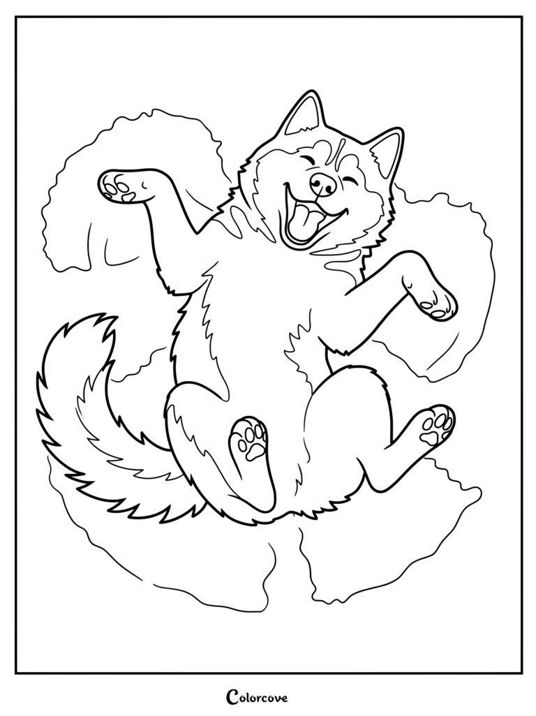 A joyful husky rolling happily in the snow coloring page with paws in the air