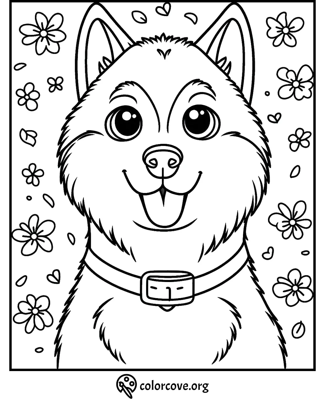 Cute dog coloring page with flowers and hearts, perfect for kids' creative fun. Print and color this adorable design!