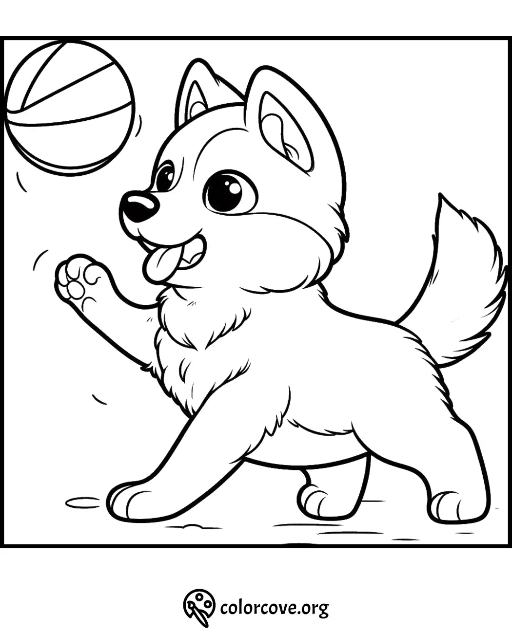 Cute puppy playing with a ball coloring page for kids. Perfect for creative fun and relaxation.