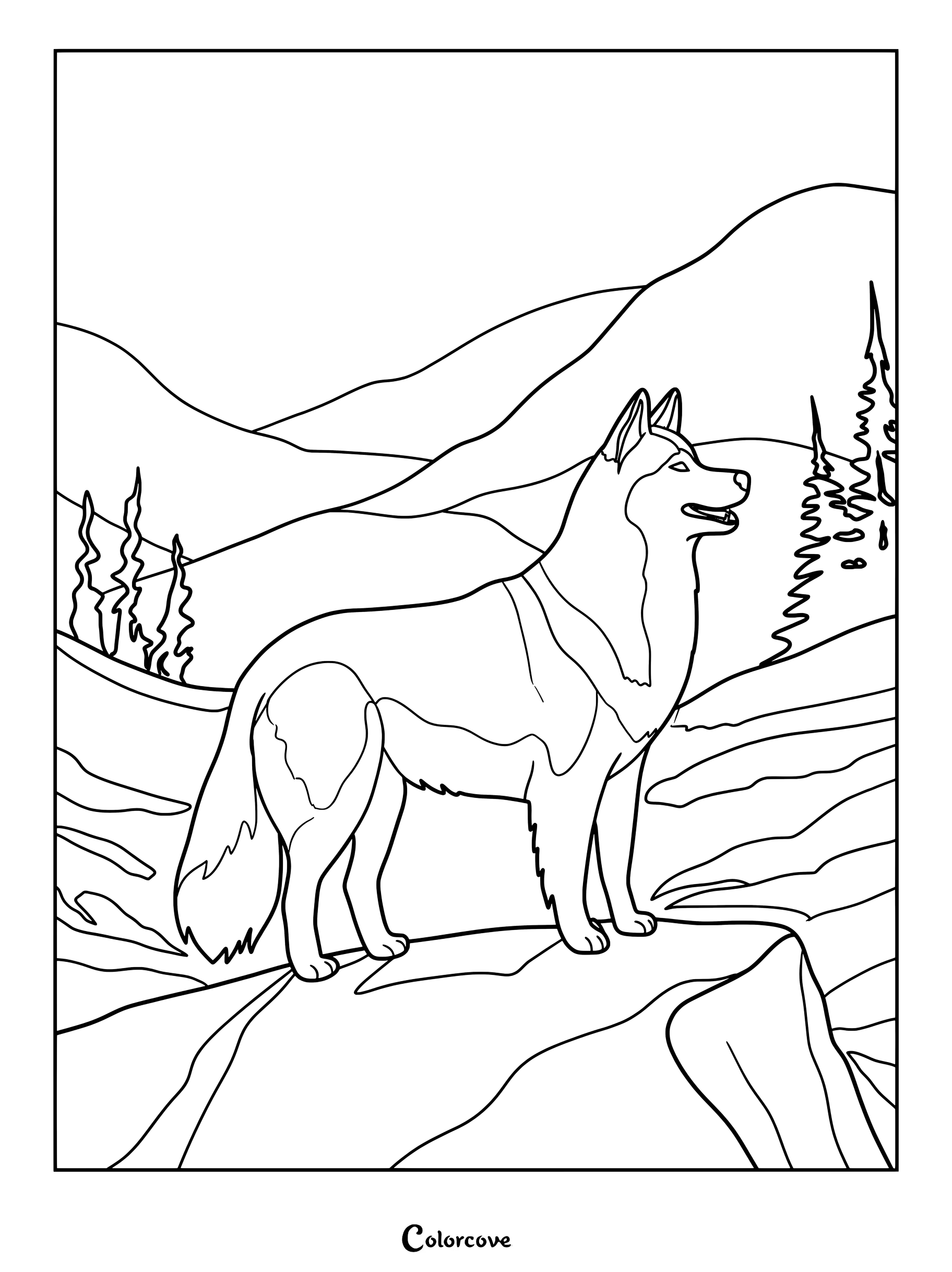 A majestic husky standing proudly on a rocky mountain ridge printable coloring page with pine trees and rolling hills in the background