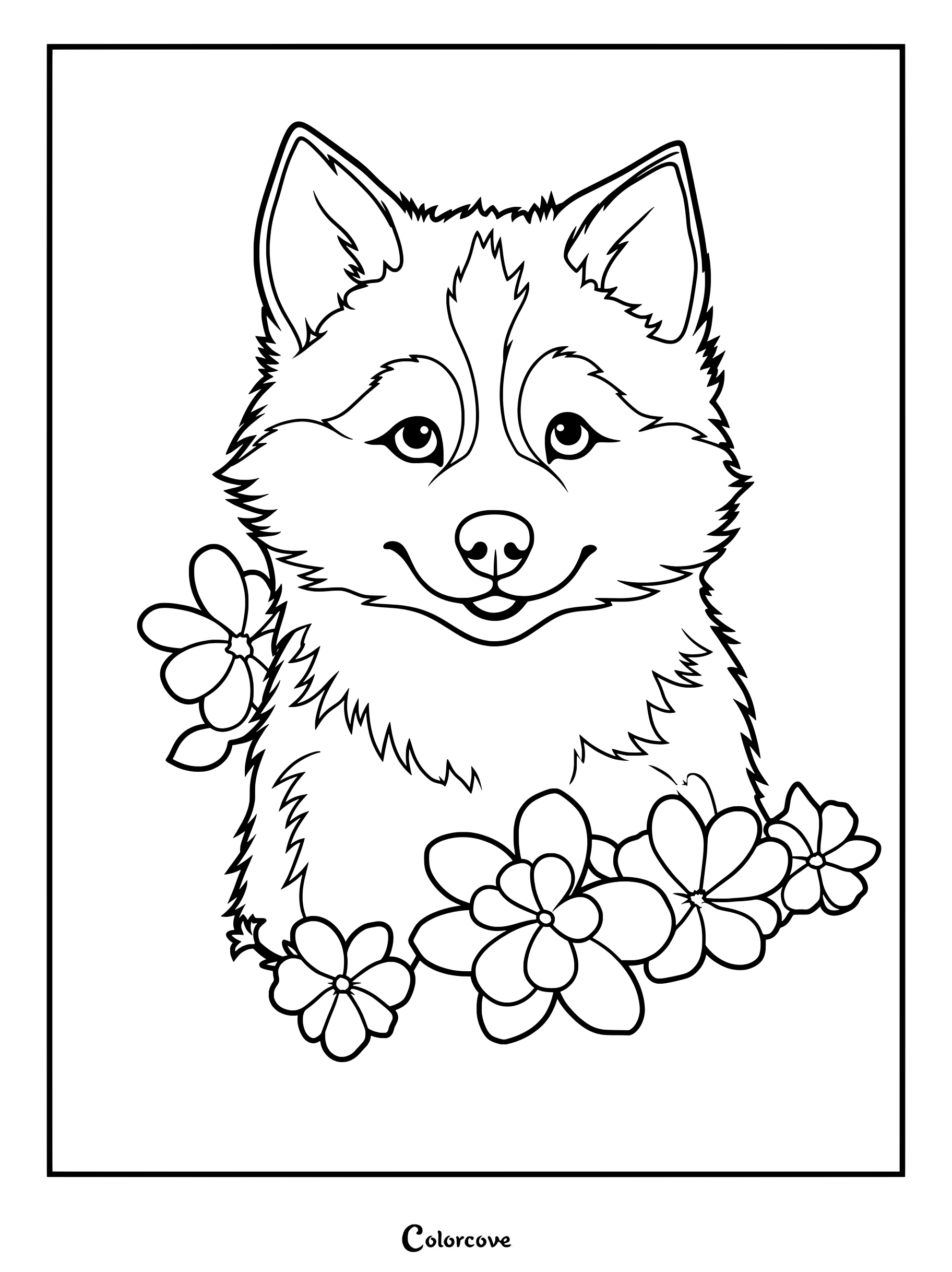 A friendly husky puppy surrounded by spring flowers in this cute printable coloring page for kids
