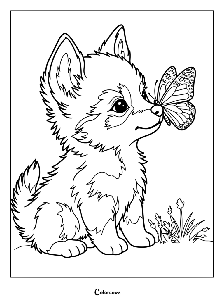 A cute husky puppy looking at a butterfly on its nose coloring page