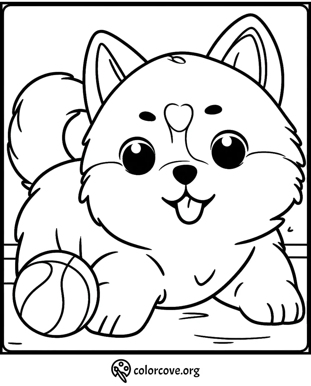 Cute cartoon dog coloring page with ball, perfect for kids' fun and creativity.