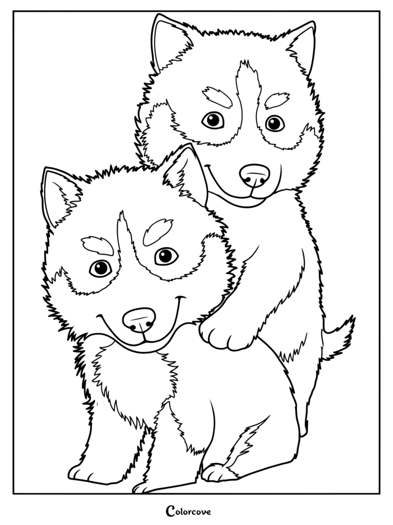 Two fluffy husky puppies playing together in a printable coloring page