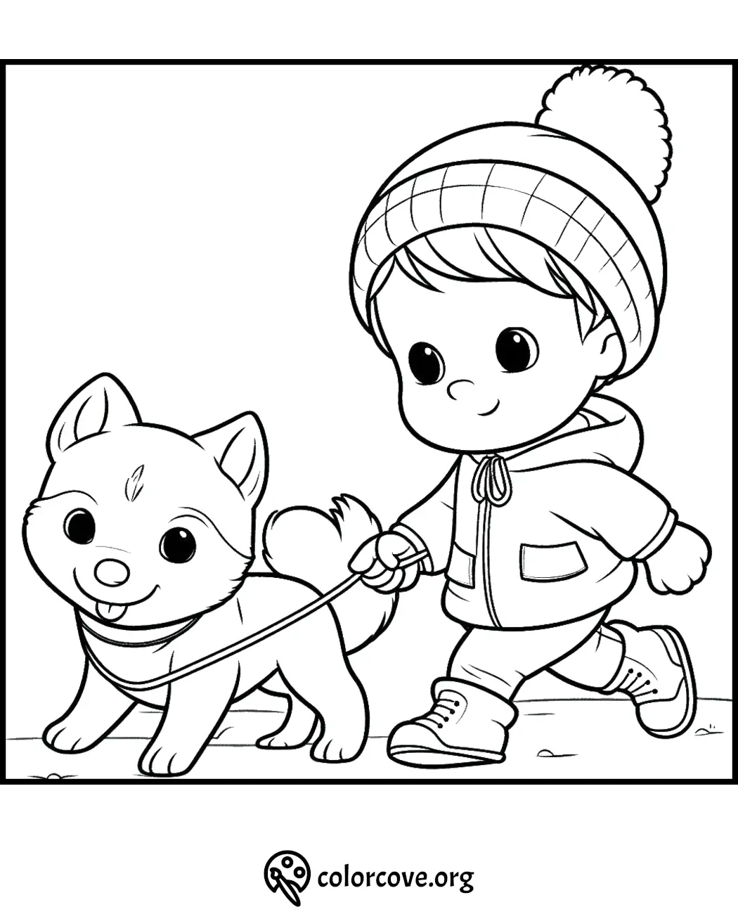 Child walking a happy dog on a leash, winter outfit, coloring page - fun activity for kids.