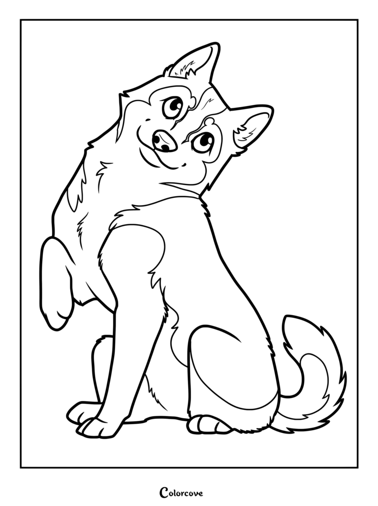 A playful husky puppy sitting down and raising its paw in a cute coloring page line art.