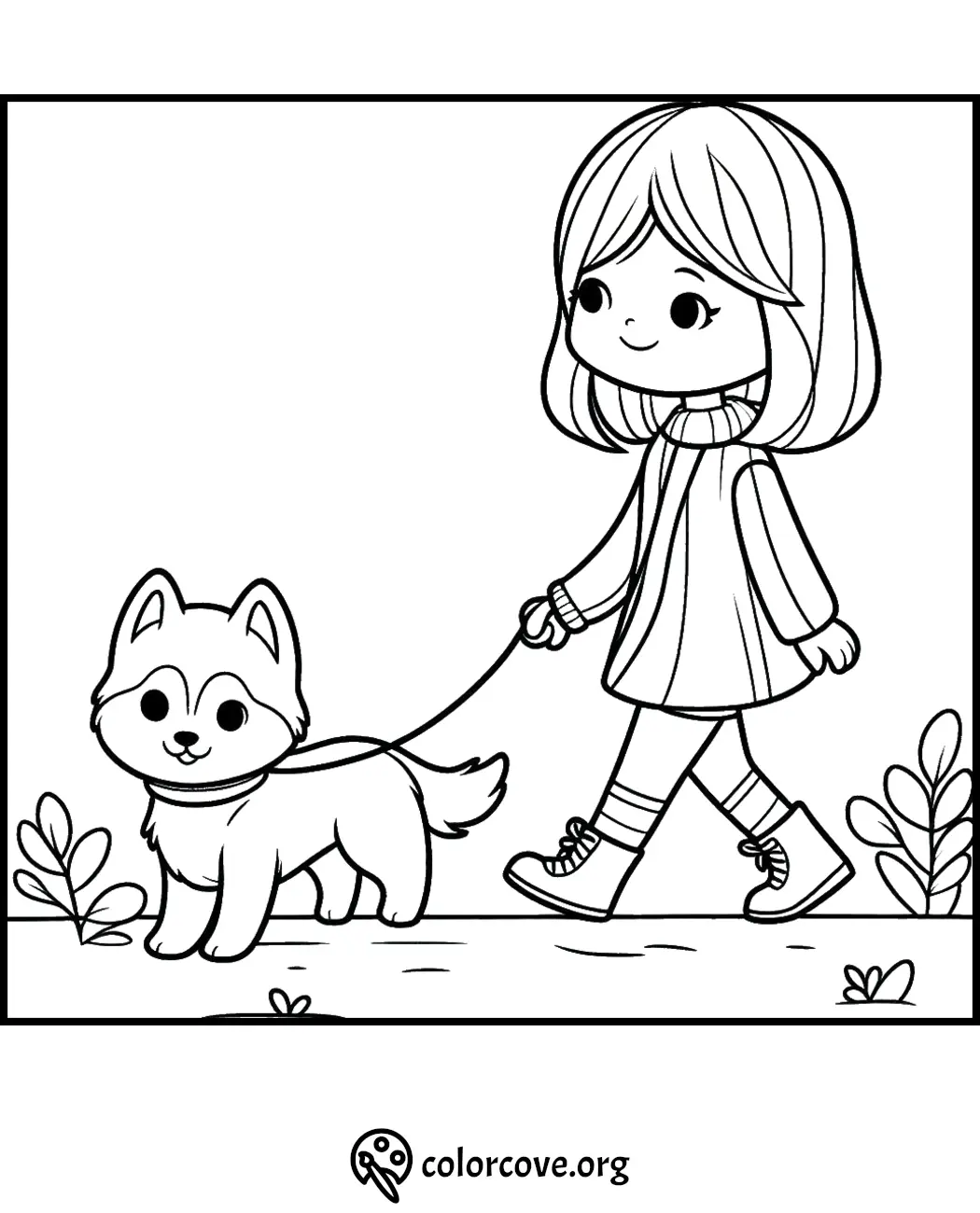 Child walking dog coloring page - fun and free printable for kids to enjoy creative art time at home or school.