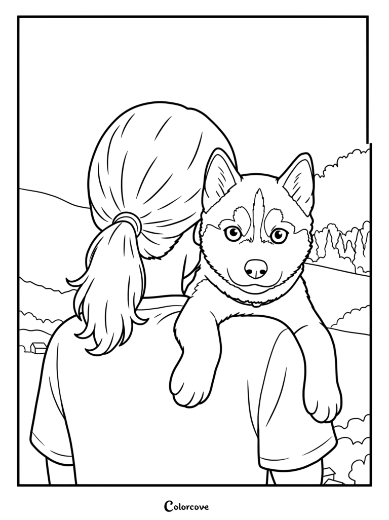 A printable coloring page featuring a young woman with a ponytail holding a cute husky puppy on her shoulder overlooking a landscape.