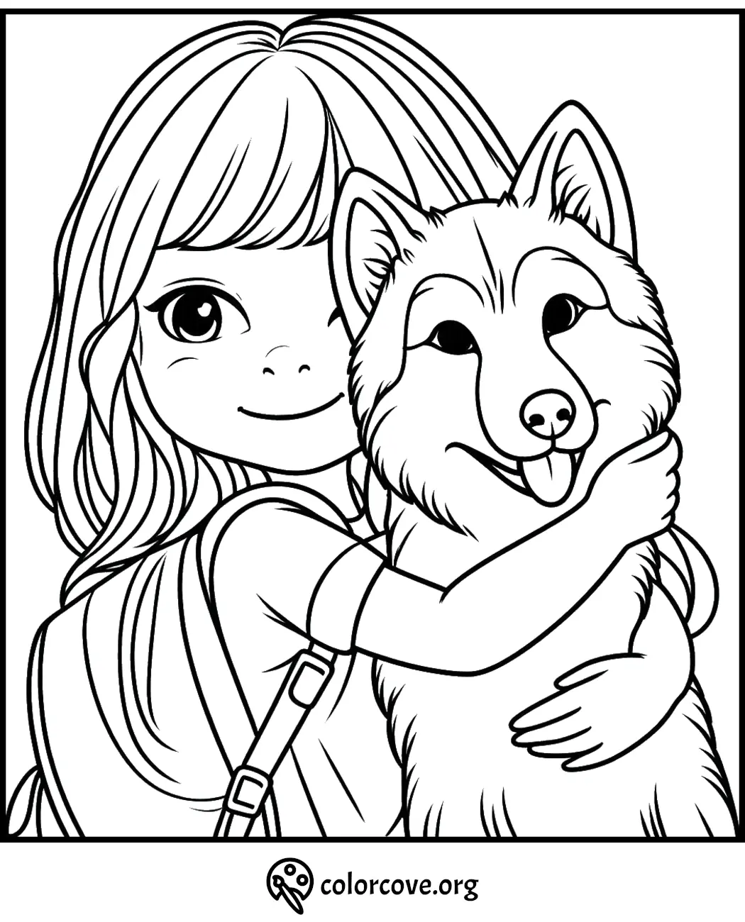 Girl hugging a fluffy dog coloring page – download and print for fun and creativity.