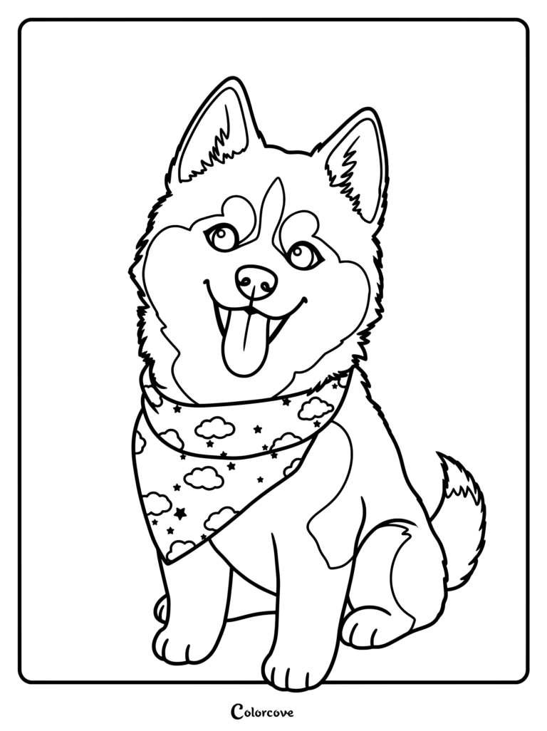 A friendly Siberian Husky puppy sitting happily wearing a star and cloud patterned bandana in this printable coloring page