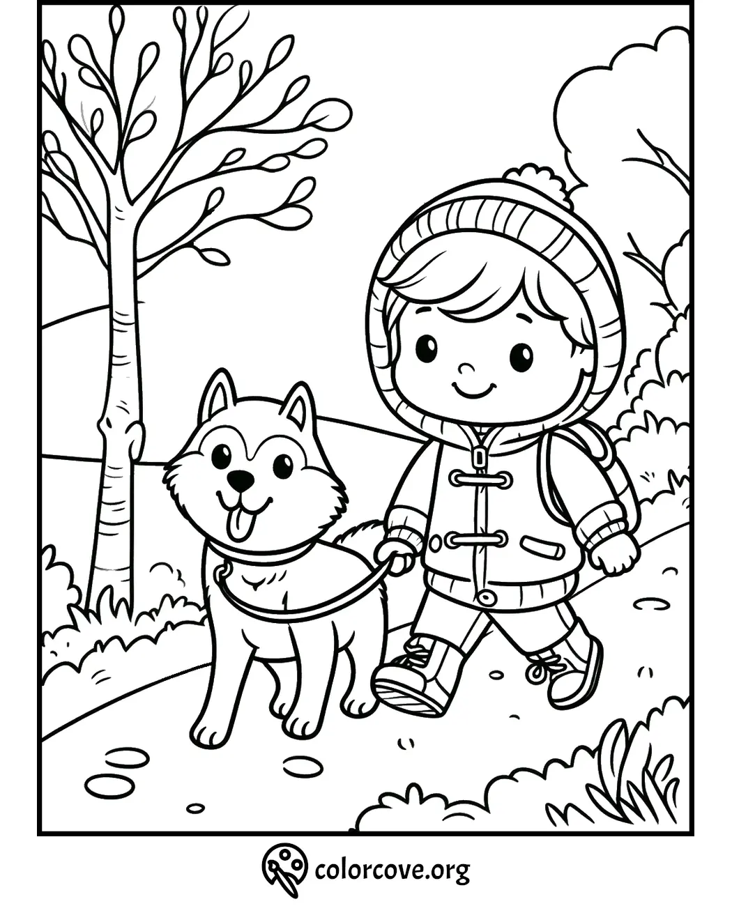 Child in winter clothes walking a dog in a park, tree and bushes in background, black and white coloring page.