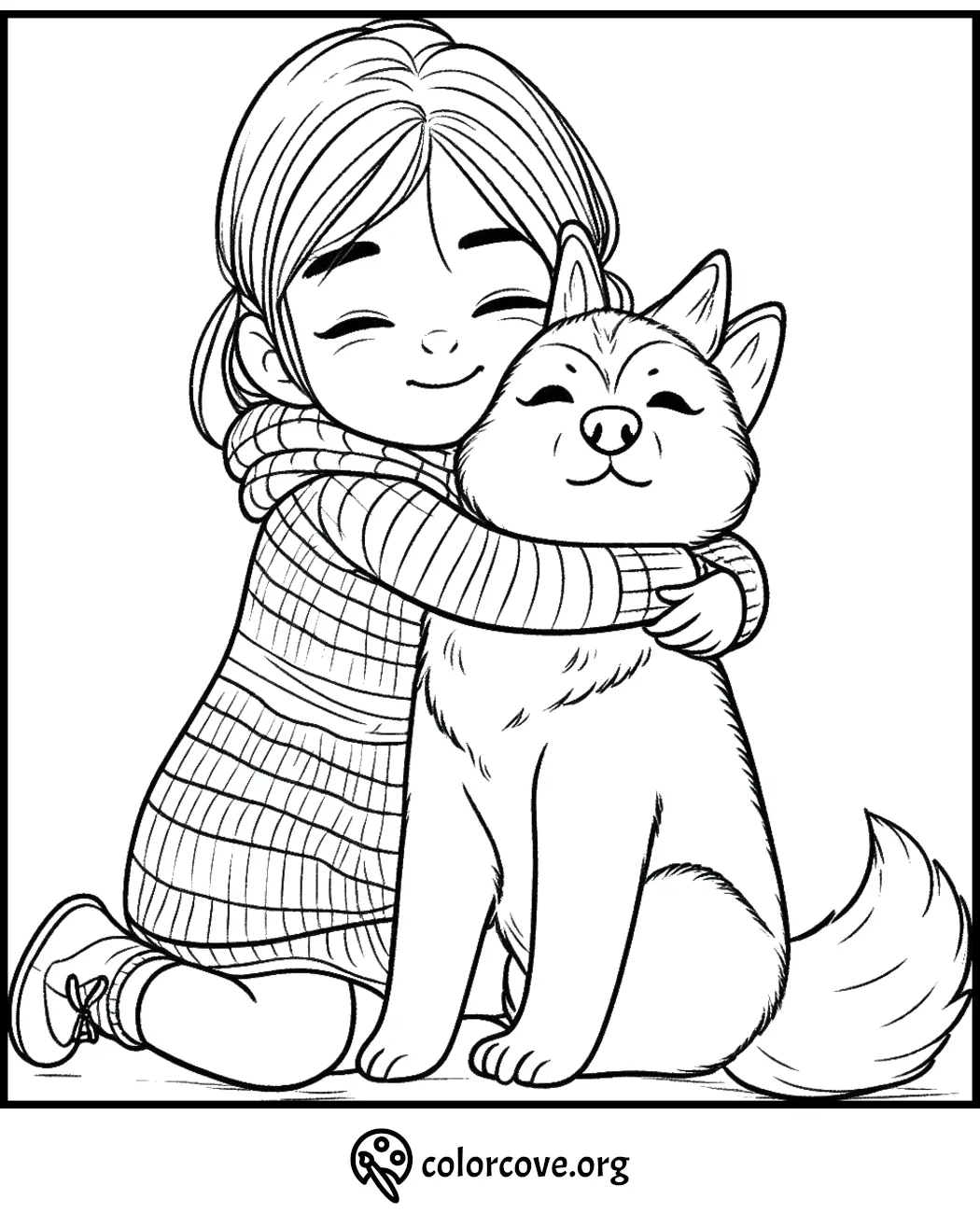 Child hugging a happy dog coloring page. Cute illustration for kids' art activities.