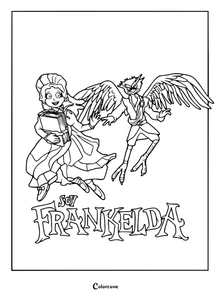 A black and white coloring page featuring Frankelda clutching a book while floating beside the winged owl-prince Herneval above a logo.