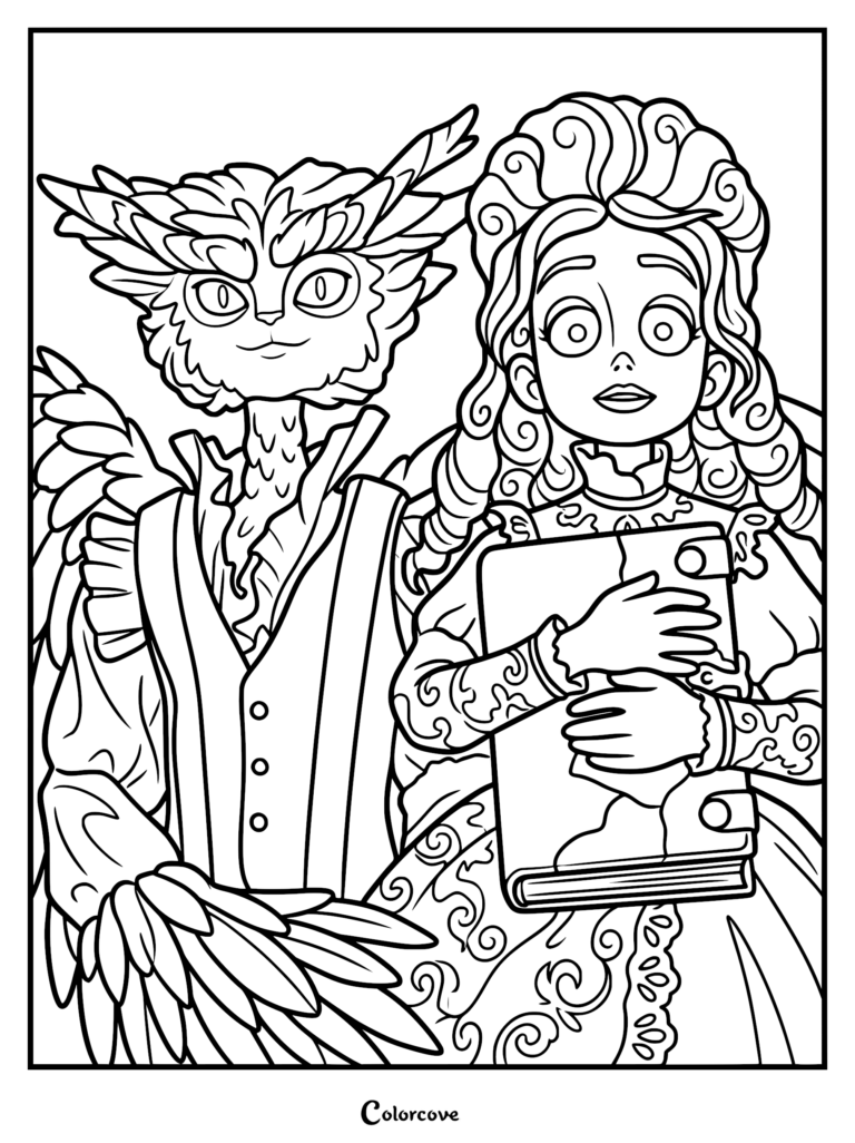 Detailed I Am Frankelda coloring page featuring Francisca Imelda with her ornate curly hair and Victorian dress, holding a large book beside the feathered owl-like prince Herneval in his waistcoat.