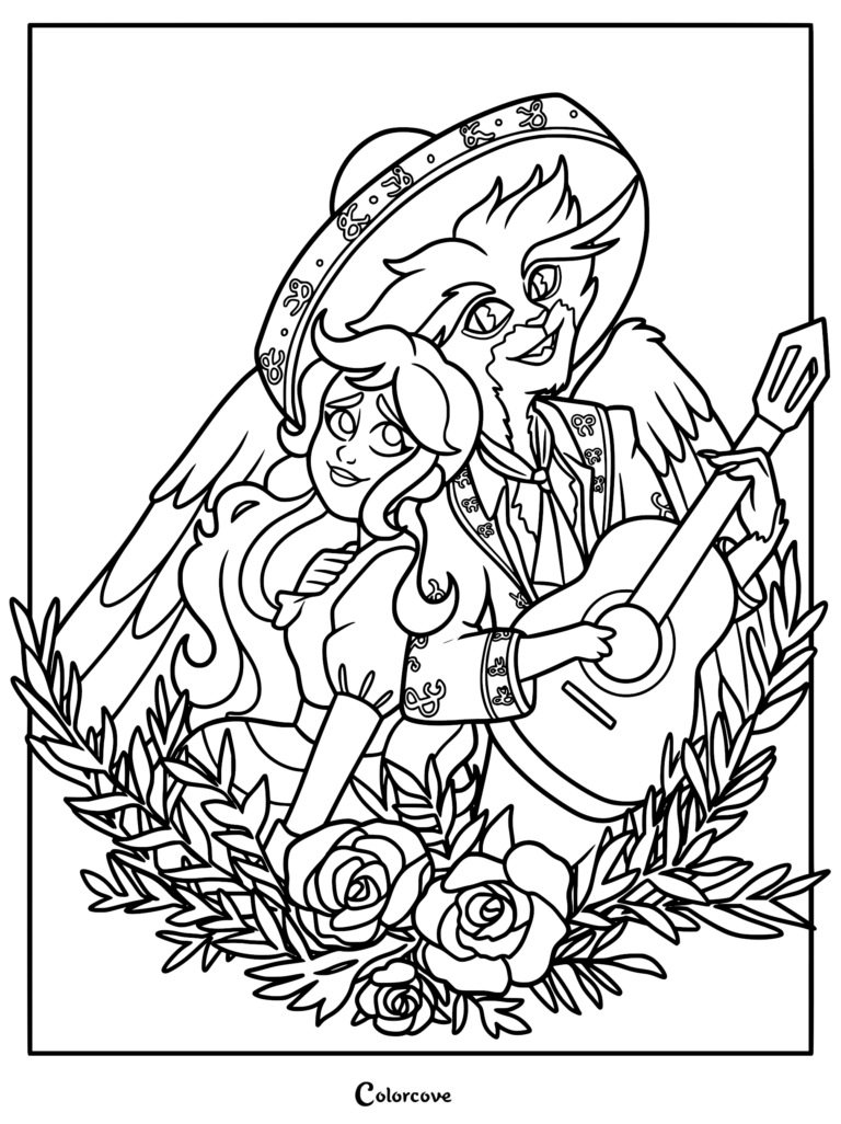 Detailed coloring page of Frankelda and the owl-like Prince Herneval in traditional Mexican charro attire. Herneval wears a wide-brimmed sombrero and plays an acoustic guitar while Frankelda smiles beside him, framed by decorative roses and foliage in a black and white line art style.
