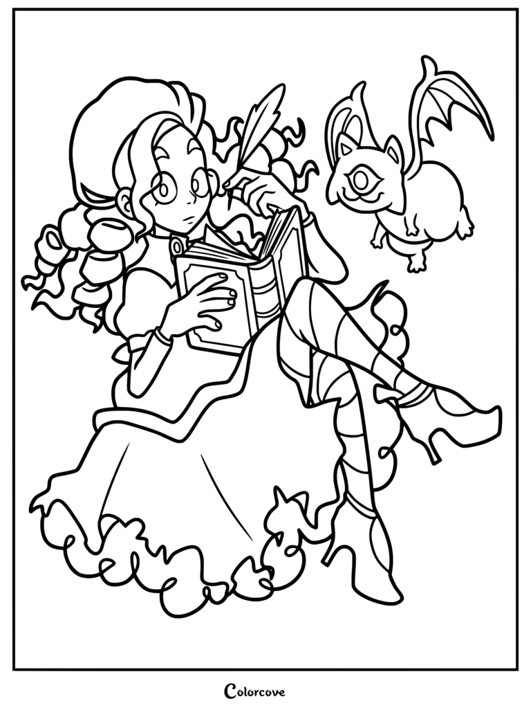 A detailed I Am Frankelda coloring page showing Frankelda writing with a quill in her enchanted book alongside a floating one-eyed winged creature.