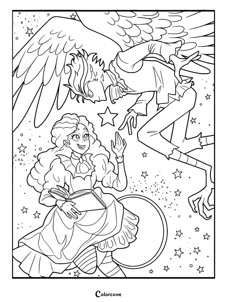 Intricate line art coloring page of Frankelda holding a book and gazing up at winged Herneval among stars and a moon.