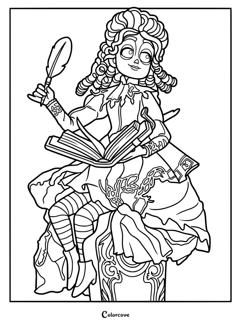 A detailed line art coloring page of Frankelda with her signature ringlet curls and large eyes, holding a feather quill and her talking book Herneval while wearing 19th-century clothing and striped stockings.