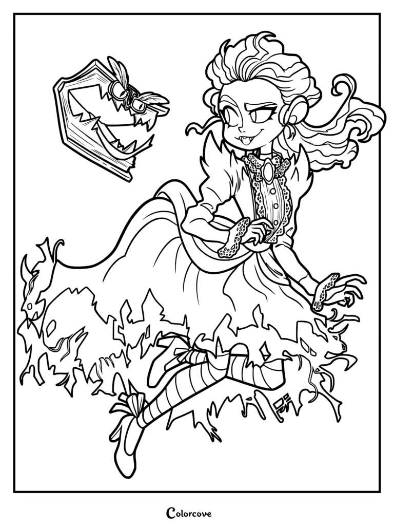 Line art coloring page of Frankelda and Herneval from I Am Frankelda, featuring Frankelda in a Victorian lace dress with spectral tattered edges and her talking book companion Herneval.