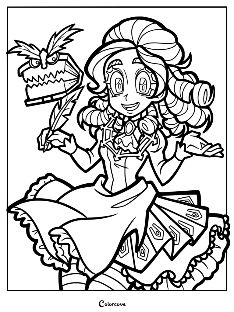 I Am Frankelda coloring page featuring Francisca Imelda in a Victorian dress holding a quill pen next to her enchanted talking book, Herneval.