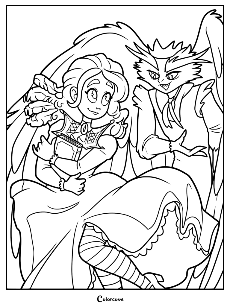 A detailed line art coloring page featuring Frankelda holding a book next to Herneval, the winged owl prince with a crown and fangs.
