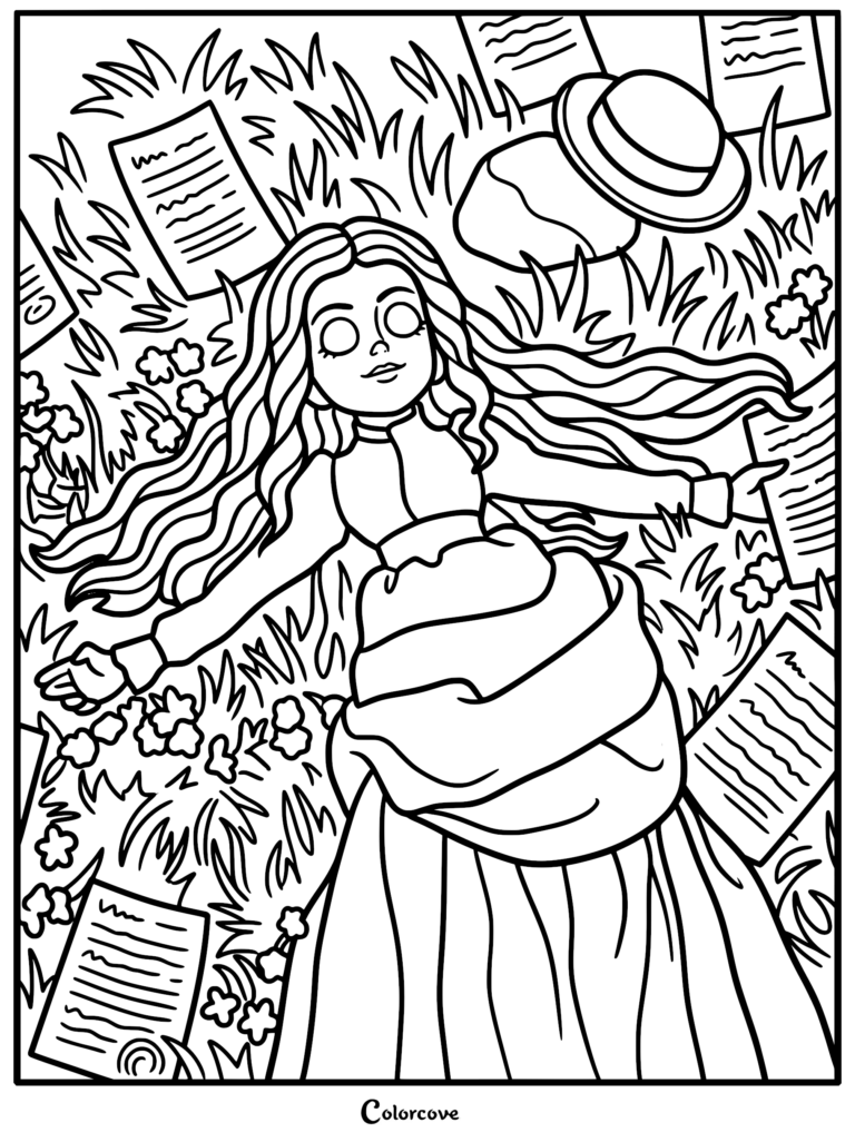 Intricate line art coloring page featuring Frankelda with long wavy hair lying in a meadow, surrounded by scattered handwritten pages and a vintage boater hat.