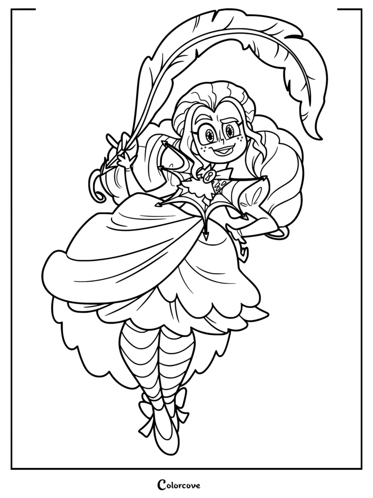 A black and white line art coloring page featuring Frankelda holding a massive feather quill, wearing a ruffled Victorian dress and striped stockings.