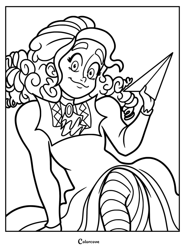 Line art coloring page of Frankelda from I Am Frankelda featuring her voluminous curly hair, diamond-patterned collar, and striped skirt while she holds a paper airplane.