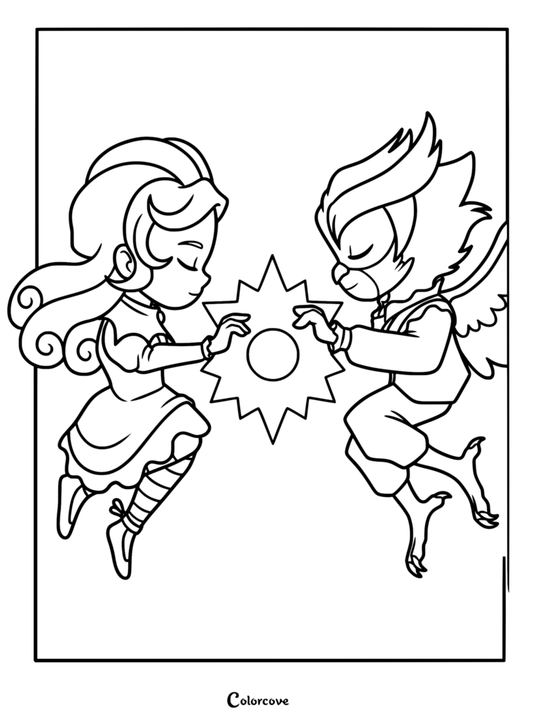 A black and white coloring page showing chibi versions of Frankelda and Prince Herneval from I Am Frankelda floating while touching a central starburst orb.