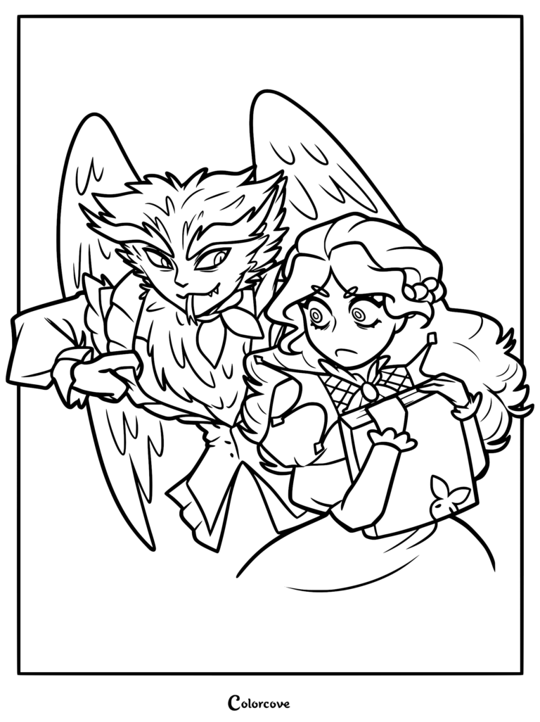 Line art coloring page featuring Frankelda with wavy hair holding a book, standing beside the owl-like Prince Herneval with feathered wings.