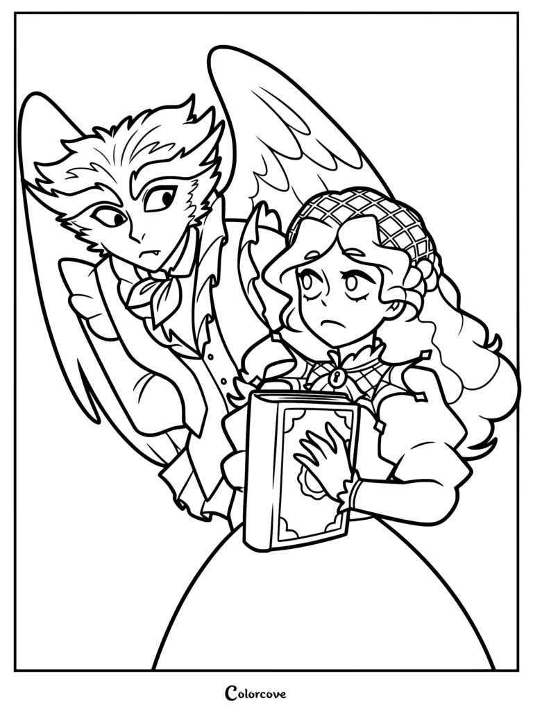 I Am Frankelda coloring page featuring Frankelda holding a large book while the winged Prince Herneval watches over her shoulder.