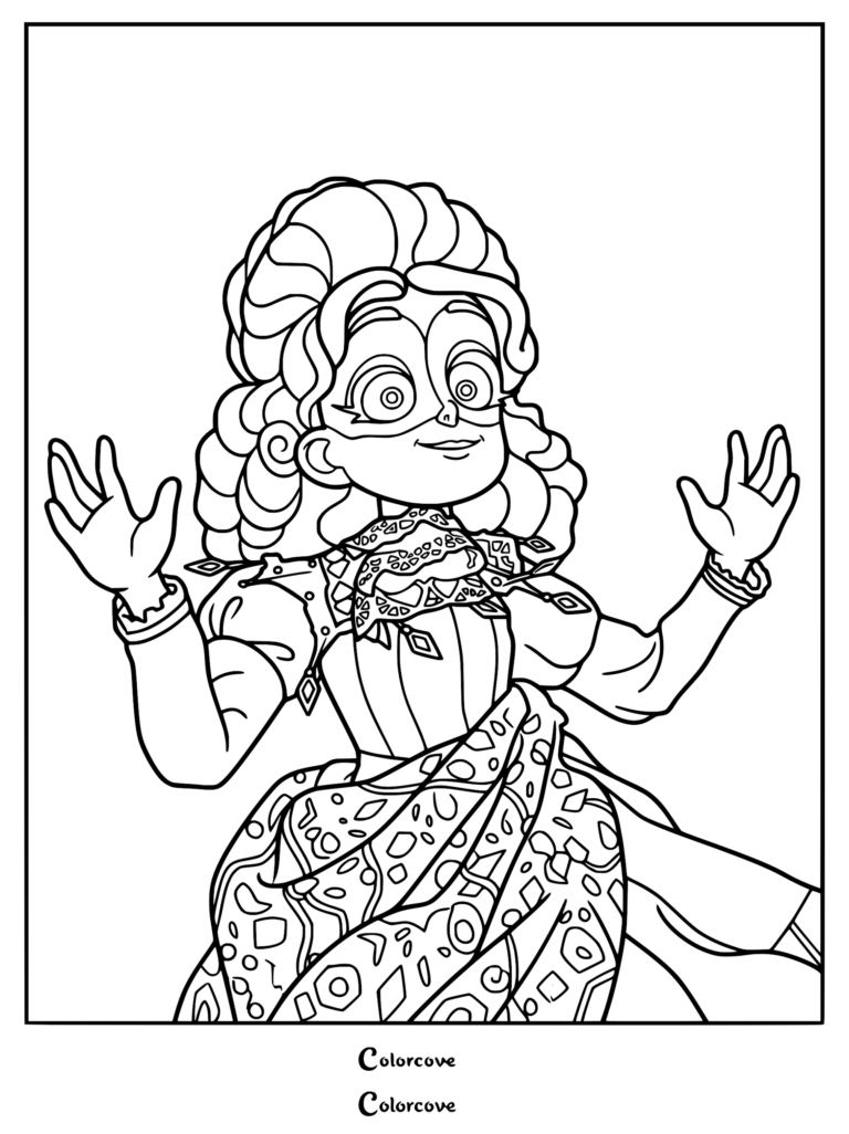 A detailed I Am Frankelda coloring page of Francisca Imelda wearing a domino mask and an intricate patterned 1870s dress with puffy sleeves and a jeweled collar, her hands raised in a storytelling gesture.