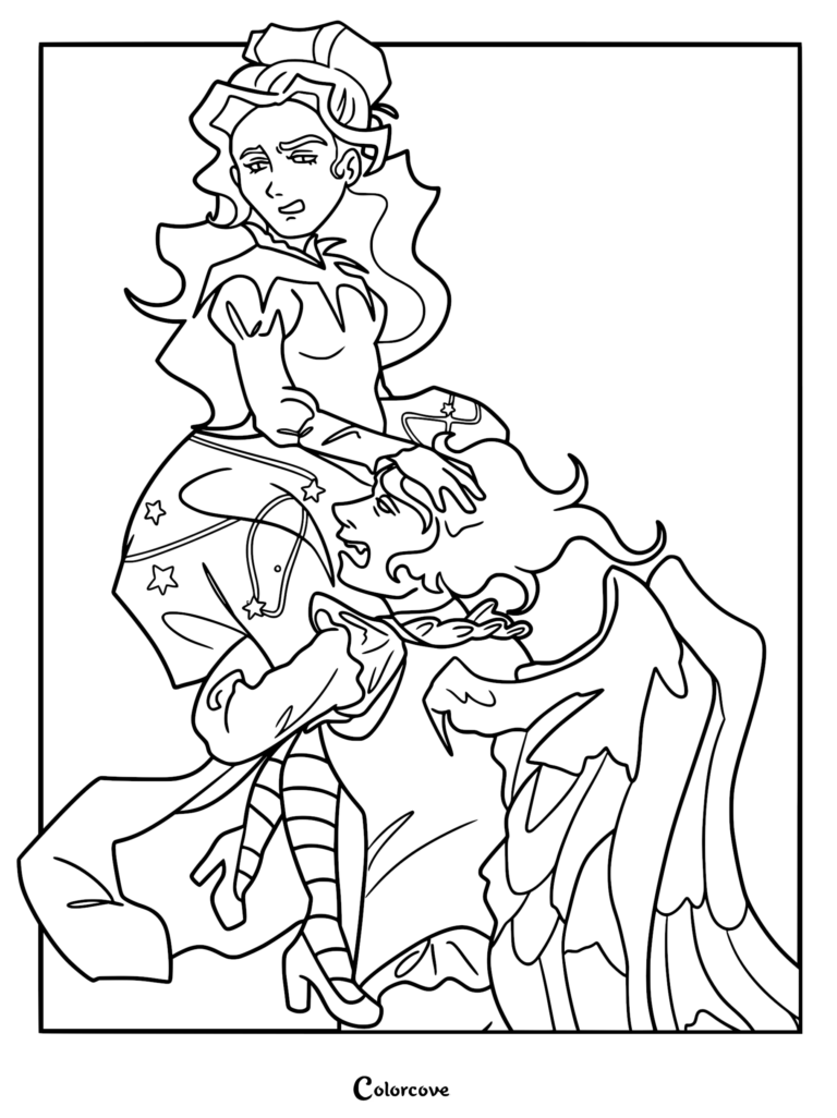 Detailed I Am Frankelda coloring page featuring Francisca Imelda in her star-patterned gown and striped stockings placing her hand on the owl-like Prince Herneval's head.