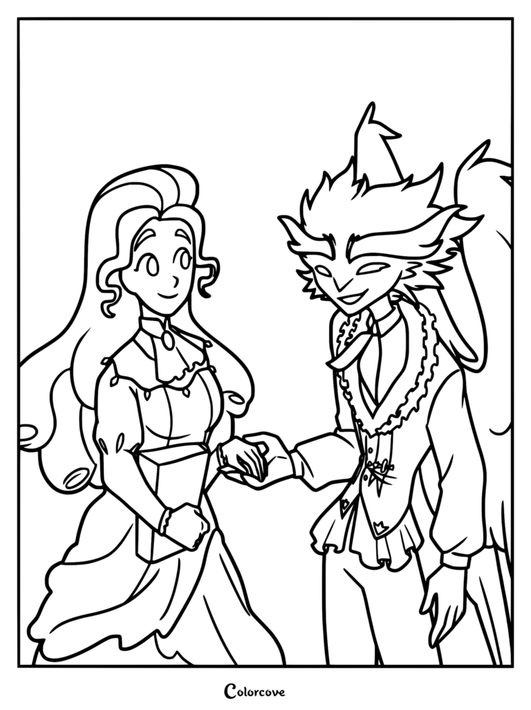 Intricate line art coloring page showing Frankelda holding a book while Herneval offers her a rose and takes her hand.
