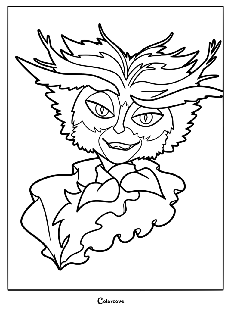 Detailed line art coloring page of Herneval the owl prince from I Am Frankelda showing his branch-like hair, feline eyes, and Victorian ruffled collar.