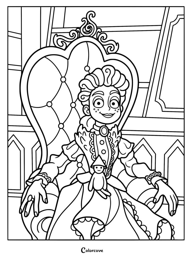 Detailed line art coloring page of Frankelda from I Am Frankelda sitting in a quilted high-back Victorian chair with a small cone-hatted doll on her lap.