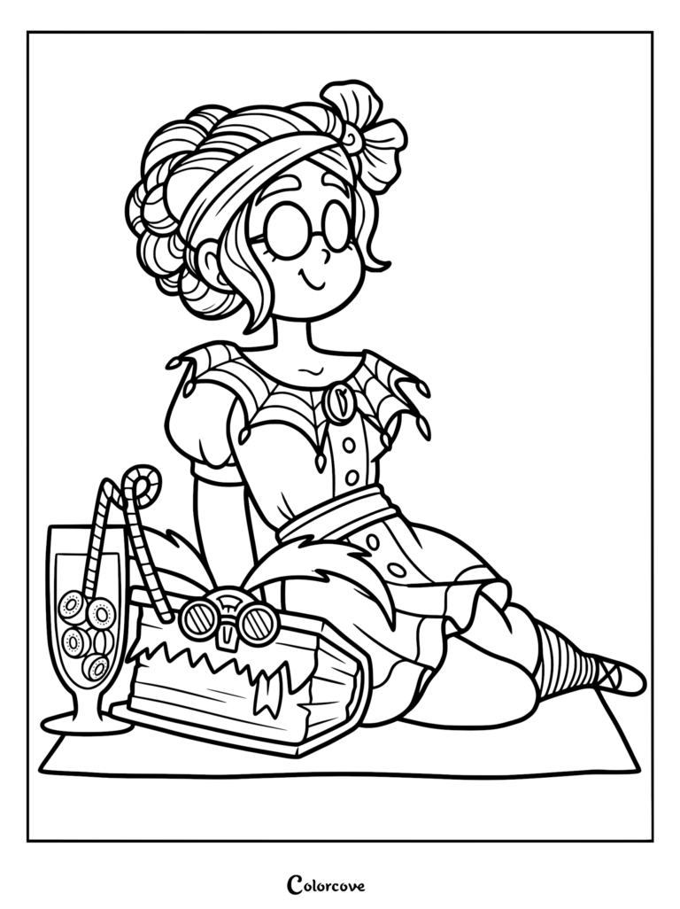 Detailed line art coloring page of Frankelda from I Am Frankelda sitting on a picnic mat with Herneval. Frankelda wears a spiderweb collar and round glasses, while Herneval is shown as a book with goggles and teeth. A glass with striped straws stands nearby.