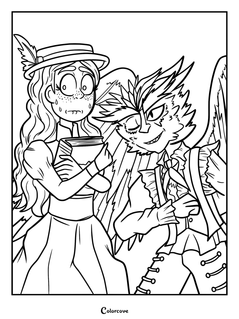 A printable coloring page featuring Frankelda looking nervous while holding her book next to the eagle-like creature Herneil.