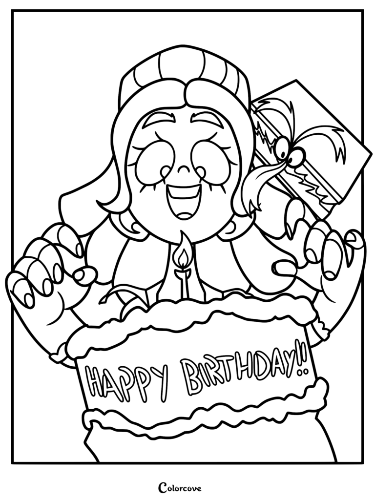 I Am Frankelda coloring page featuring Francisca Imelda smiling behind a large birthday cake with a single candle and Herneval the enchanted book.