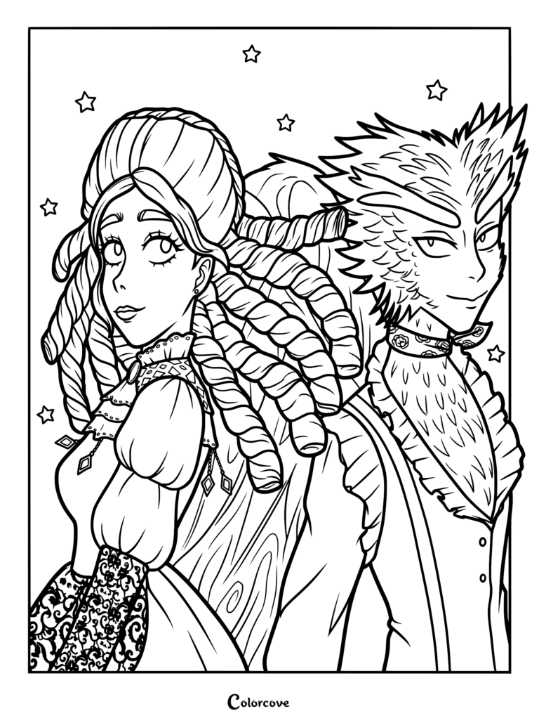 A printable coloring page featuring Frankelda with her braided hair standing back-to-back with the eagle-like prince Herneil under a starry sky.
